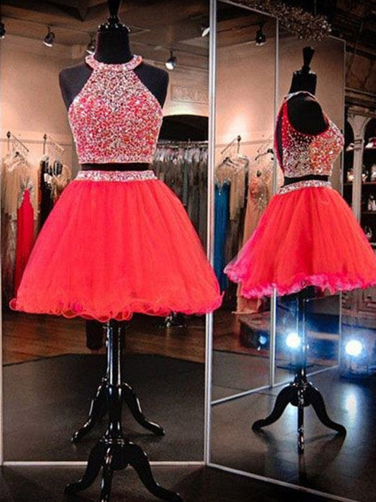 Sleeveless Pleated Organza Two Pieces Homecoming Dresses Jewel A Line Red Halter Rhinestone Backless