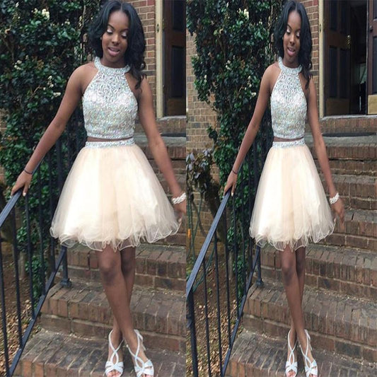 Emmalee Homecoming Dresses Two Pieces A Line Ivory Halter Organza Sleeveless Rhinestone Beading