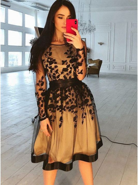 Long Sleeve Homecoming Dresses Kasey Lace Flowers Scoop Sheer Appliques Organza Pleated Knee Length