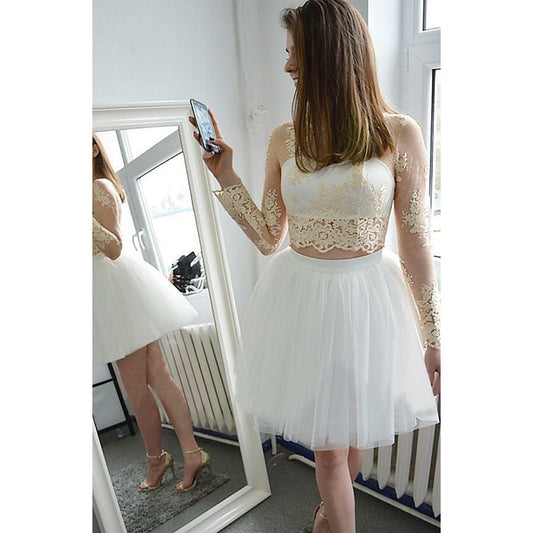 Long Sleeve White Jewel Kiana Homecoming Dresses Lace Appliques Tulle Cut Out Sheer Ball Gown