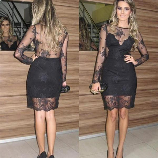 Sexy Black Long Sleeve Sheath Sheer Back Homecoming Dresses Lace Lilia Flowers See Through