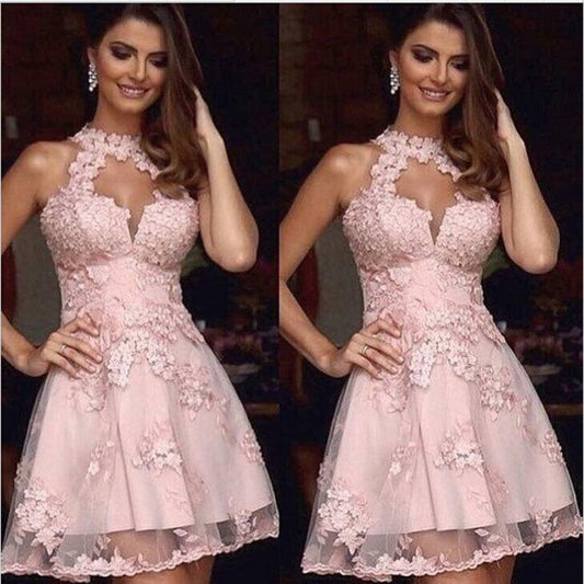 Halter Sleeveless Cut Krista Pink Homecoming Dresses Lace A Line Out Appliques Flowers Pleated