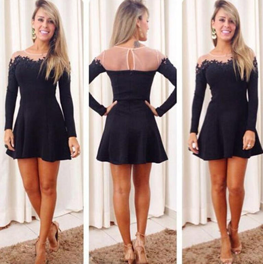 Scoop Long Sleeve Sheer Homecoming Dresses Satin A Line Louise Black Pleated Short Cut Out Appliques