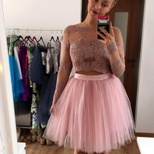 Bateau Long Sleeve Appliques Angelica Pink A Line Lace Two Pieces Homecoming Dresses Tulle Pleated
