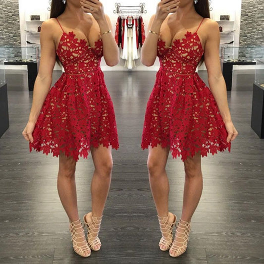 Deep V Neck Hollow Spaghetti Lace Homecoming Dresses A Line Aubrie Straps Red Sexy Pleated