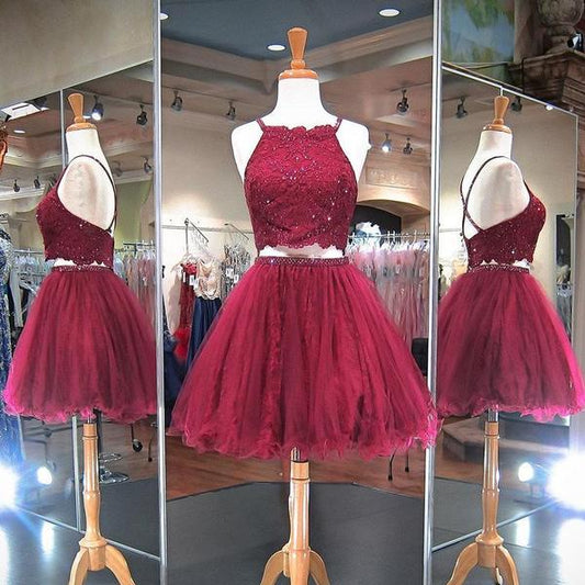 Burgundy Beading Halter A Line Lauryn Two Pieces Homecoming Dresses Criss Cross Backless Organza