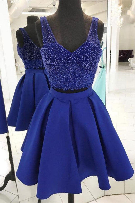 V Neck Sleeveless Beading Leia A Line Homecoming Dresses Two Pieces Royal Blue Satin Backless