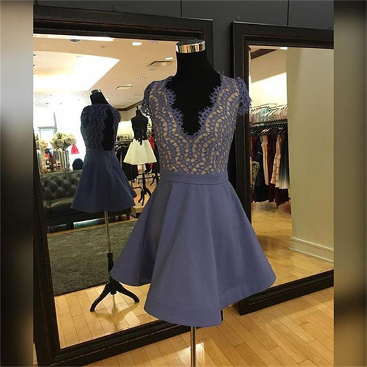 Cap Sleeve Deep V Geraldine Lace A Line Satin Homecoming Dresses Neck Backless Lavender Pleated