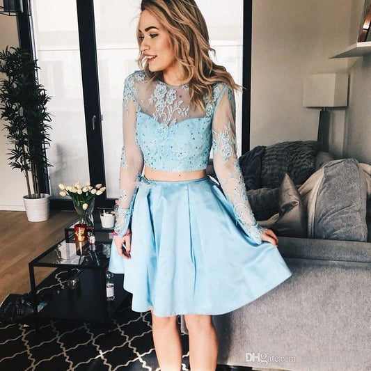 Satin Two Pieces Homecoming Dresses A Line Una Lace Long Sleeve Jewel Appliques Sheer Light Blue