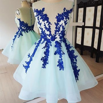 Blue Scoop A Line Homecoming Dresses Gianna Lace Sleeveless Sheer Back Appliques Tulle
