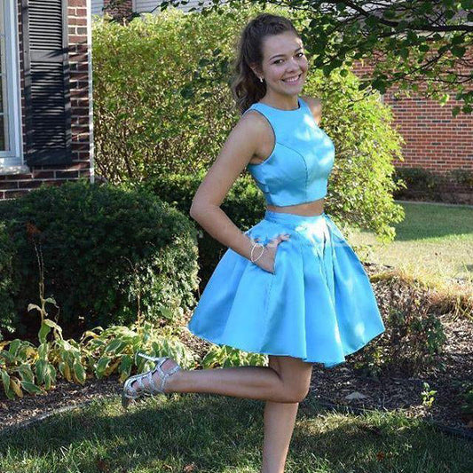 Satin Lucile A Line Two Pieces Homecoming Dresses Jewel Sleeveless Blue Pockets Pleated Short