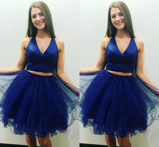 V Neck Cierra A Line Homecoming Dresses Royal Blue Two Pieces Sleeveless Pleated Organza