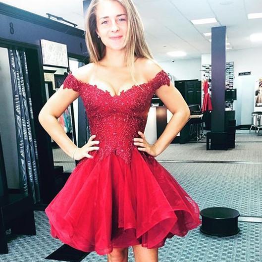 Appliques Off The Shoulder Organza Pleated Lace Kirsten A Line Homecoming Dresses Burgundy