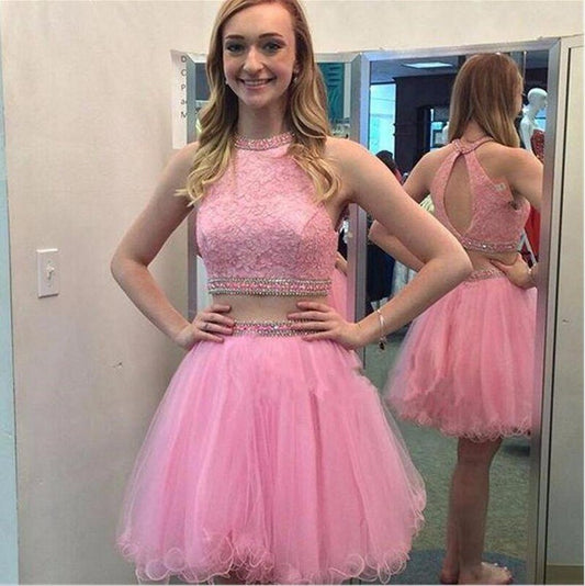 Sleeveless Halter Appliques Homecoming Dresses A Line Pink Two Pieces Jaida Organza Backless