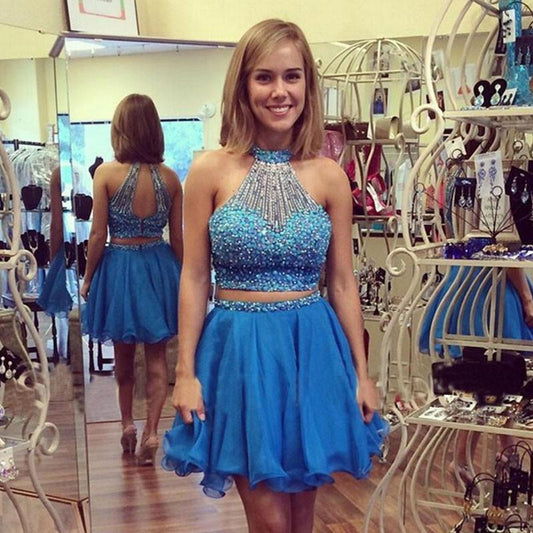 Backless Homecoming Dresses Two Pieces Evie A Line Halter Sleeveless Beading Organza Blue