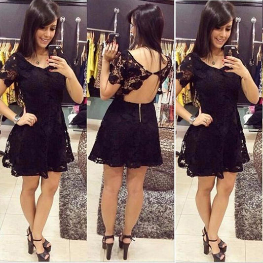 Backless A Line Lace Isabelle Homecoming Dresses Scoop Black Short Sleeve Sexy Flowers Pleated
