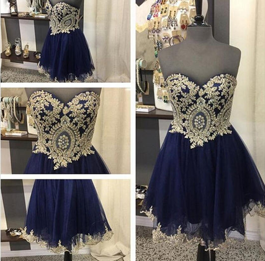 A Line Brenda Homecoming Dresses Lace Strapless Sweetheart Dark Navy Tulle Appliques Exquisite