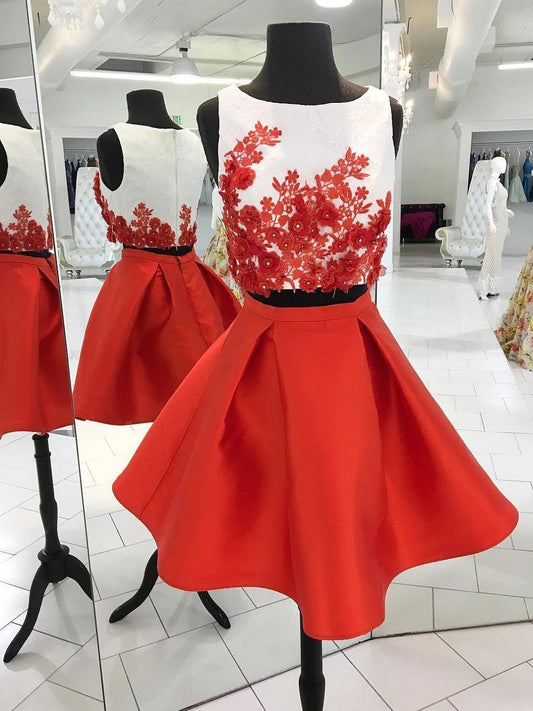 Sleeveless Jewel Pleated Two Pieces Satin Neveah Homecoming Dresses Red Appliques Flowers Short