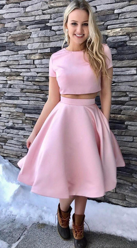 Short Two Pieces Pink Satin Setlla A Line Homecoming Dresses Sleeve Jewel Pleated