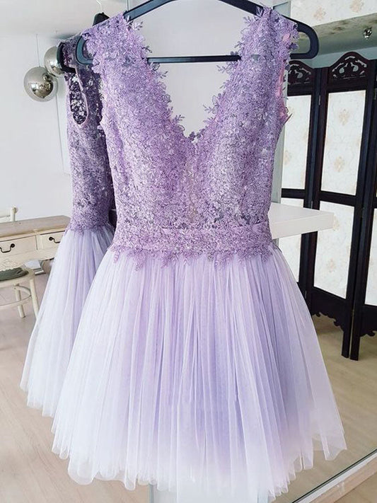 Deep V Neck Lavender Tulle Pleated Sleeveless Phoenix A Line Lace Homecoming Dresses Backless
