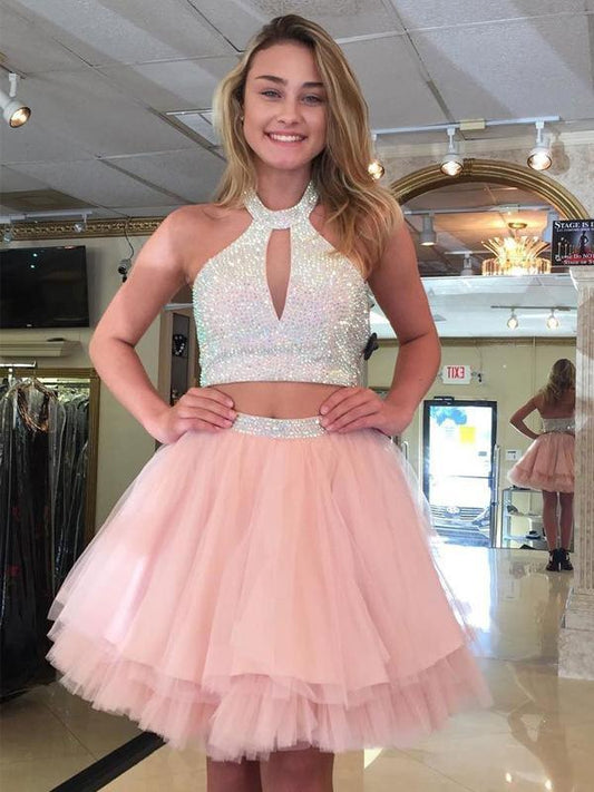 Halter Sleeveless Cut Pink A Line Homecoming Dresses Mariyah Two Pieces Out Pleated Tulle Beading