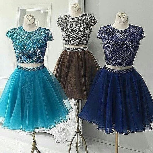 Cap Sleeve Organza Pleated Rhinestone Two Pieces Homecoming Dresses Edith A Line Round Neck