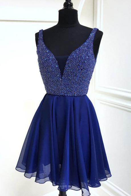 Deep V A Line Royal Blue Meghan Chiffon Homecoming Dresses Neck Appliques Sparkle Sleeveless