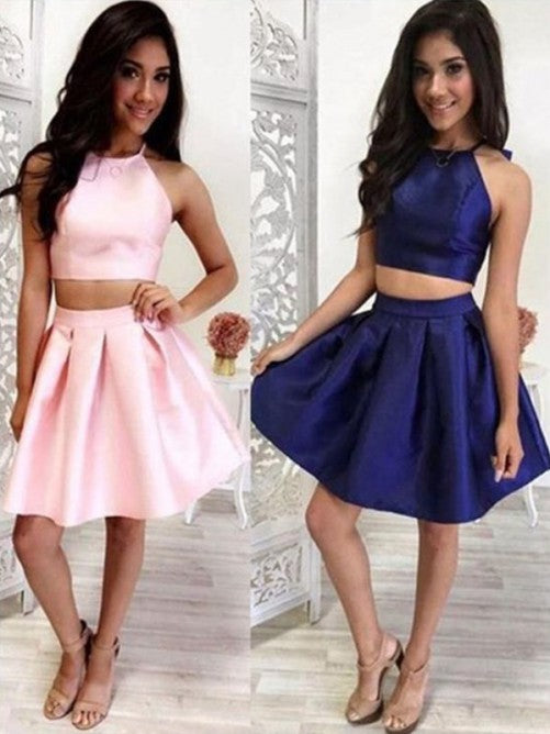 Halter Sleeveless Two Pieces Satin Mara A Line Homecoming Dresses Short Pleated