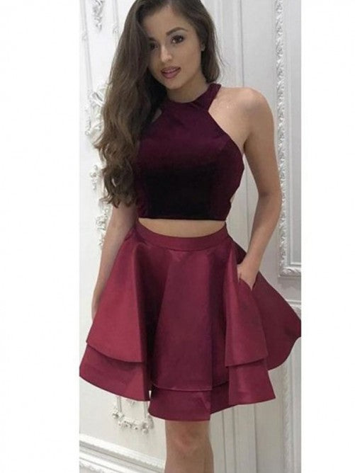 Halter Sleeveless Burgundy Pleated Tiered A Line Lucinda Homecoming Dresses Satin Two Pieces Short
