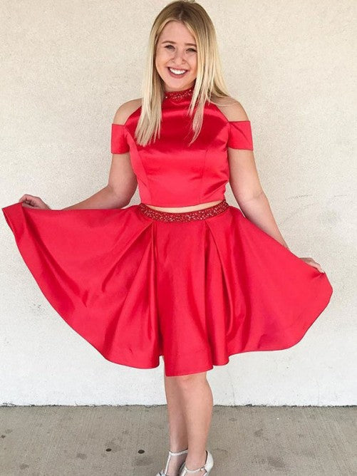 Off The Shoulder Jewel Red Erica Homecoming Dresses Satin A Line Two Pieces Pleated Beading