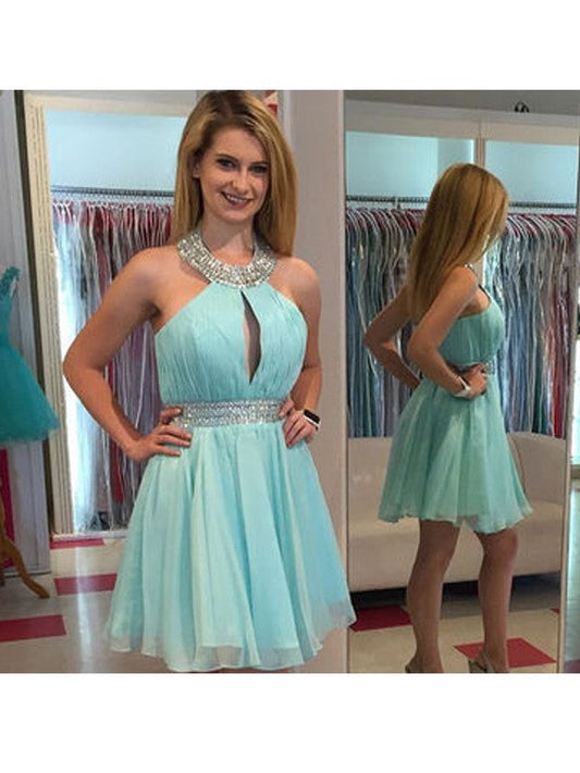 Brylee Chiffon A Line Homecoming Dresses Halter Sleeveless Pleated Blue Cut Out Rhinestone