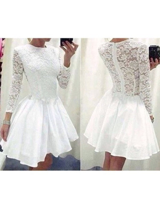 Long Lace Satin A Line Homecoming Dresses Joselyn Sleeve Jewel White Pleated Appliques