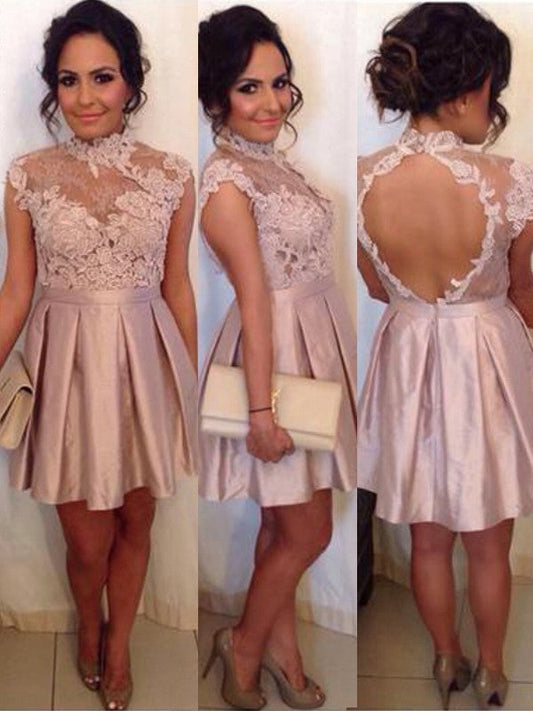 Appliques Sheer High Neck Backless Cap Sleeve Homecoming Dresses Pancy Satin Lace Dusty Rose