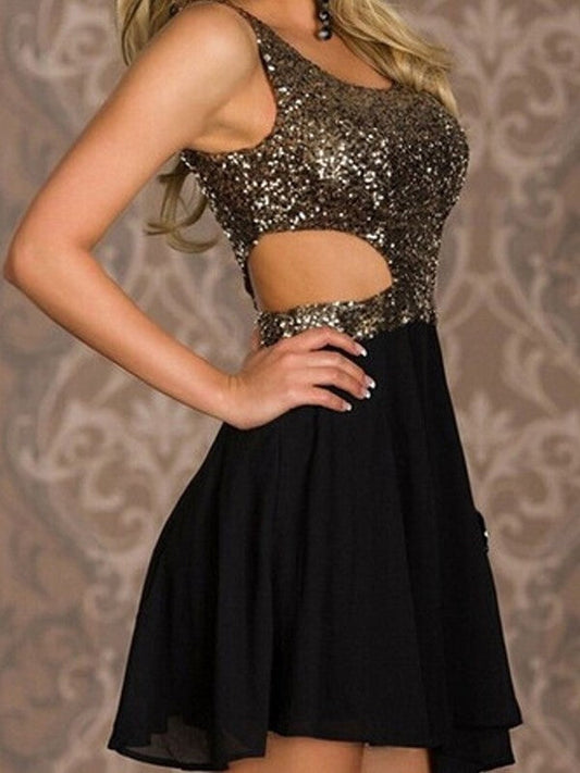 Scoop Sleeveless Cut Out Black Laila Homecoming Dresses Chiffon A Line Short Sexy Sequins