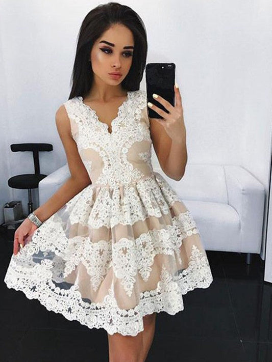 A Line Homecoming Dresses Lace Desiree Ivory Sleeveless V Neck Flowers Appliques Pleated