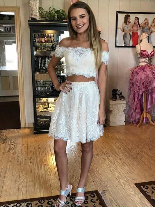 Off The Shoulder White Lace A Line Stephanie Homecoming Dresses Two Pieces Appliques Pleated