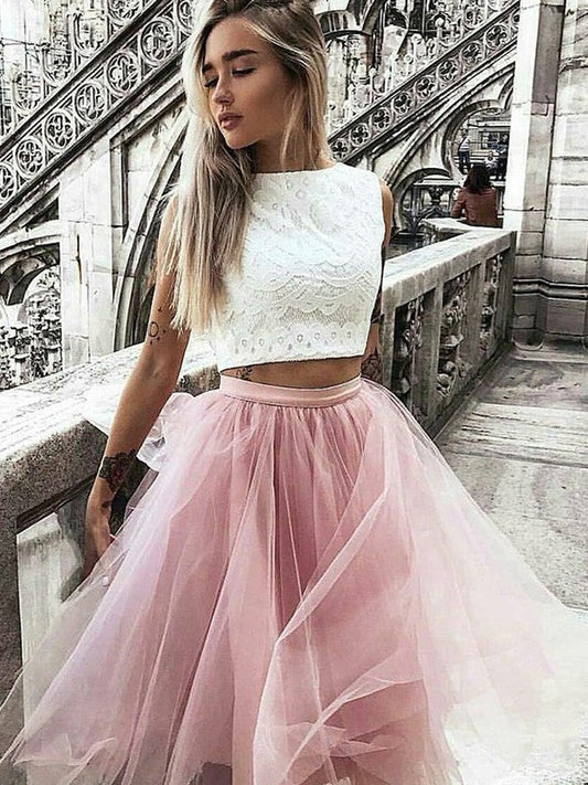 Jewel Sleeveless Pink Lace Two Pieces Veronica A Line Homecoming Dresses Appliques Tulle Pleated