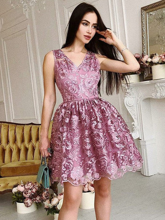 V Neck Sleeveless Ball Gown Appliques Homecoming Dresses Pink Lace Laney Flowers