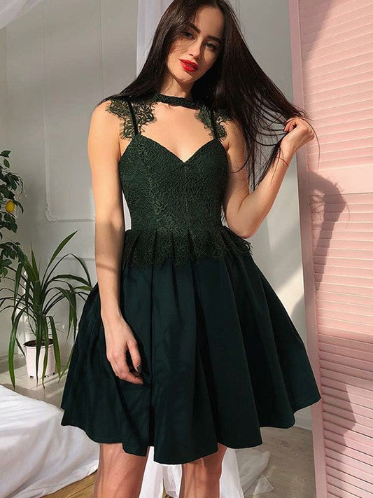 Sleeveless Pleated V Neck Appliques A Line Satin Homecoming Dresses Anne Lace Dark Green
