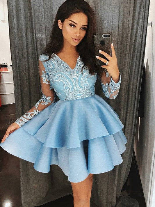 Long Sleeve Sheer V Neck Appliques Stella Homecoming Dresses Satin Ball Gown Tiered Blue