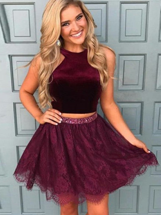 Burgundy Halter Lace Two Pieces Homecoming Dresses Kinsley A Line Sleeveless Flowers Beading
