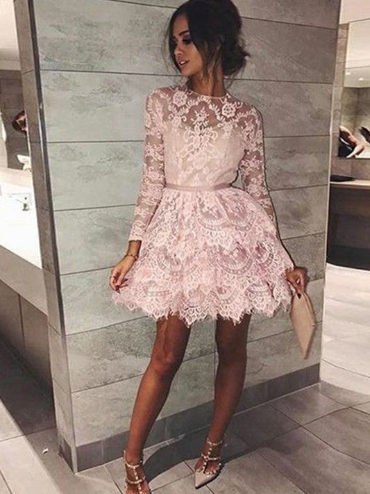 Long Sleeve Jewel Tiered Short Flowers A Line Jewel Pink Homecoming Dresses Lace Sheer
