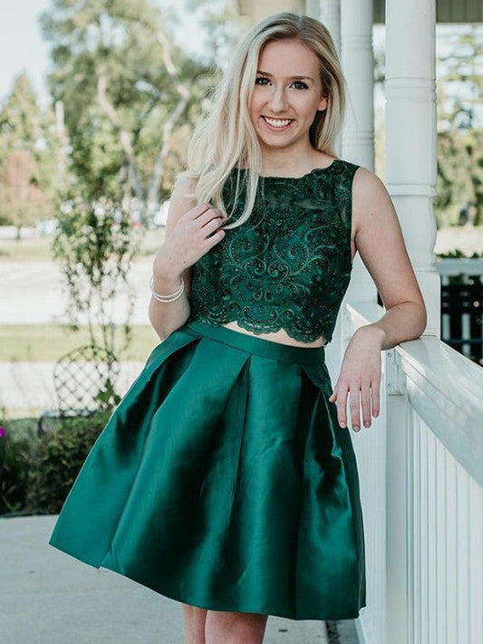 Jewel Homecoming Dresses Lace Two Pieces Satin Alyssa Ball Gown Sleeveless Dark Green Appliques