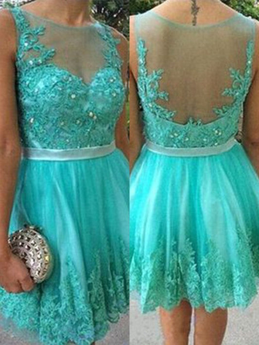 Turquoise Sheer Sleeveless Jewel Pleated Short Lace Homecoming Dresses Lilly Appliques