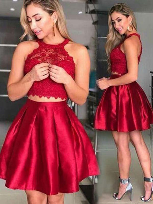 Sleeveless Halter A Line Cristal Lace Satin Homecoming Dresses Two Pieces Pleated Short Red