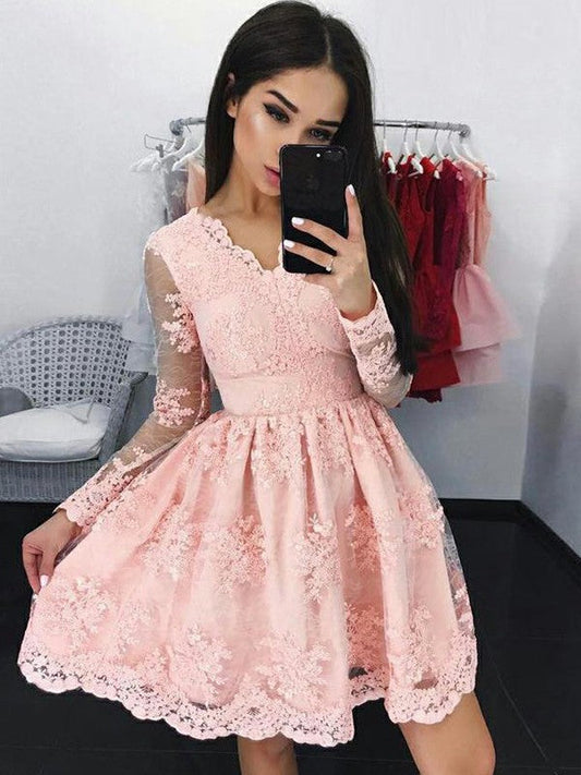 Homecoming Dresses Lace Kaylyn Pink A Line Long Sleeve V Neck Appliques Sheer Flowers Short