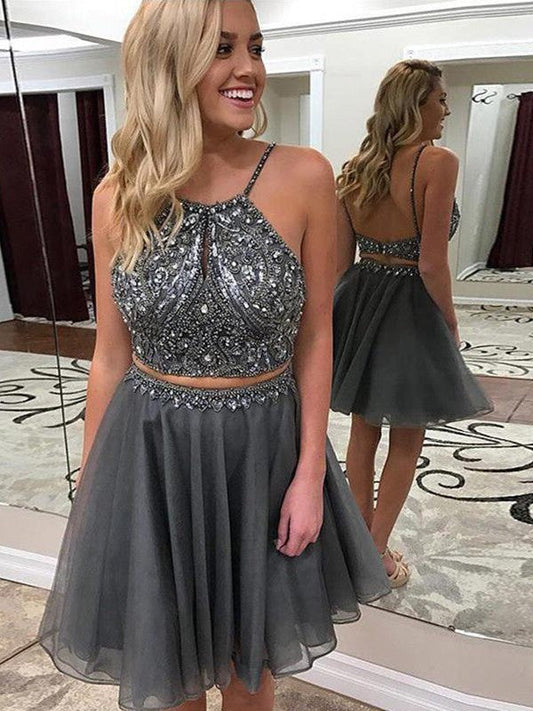 Halter Spaghetti Straps Grey Backless Alisa A Line Homecoming Dresses Two Pieces Organza Beading