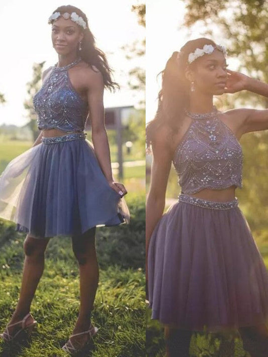 Halter A Line Aaliyah Two Pieces Homecoming Dresses Sleeveless Pleated Tulle Beading Short