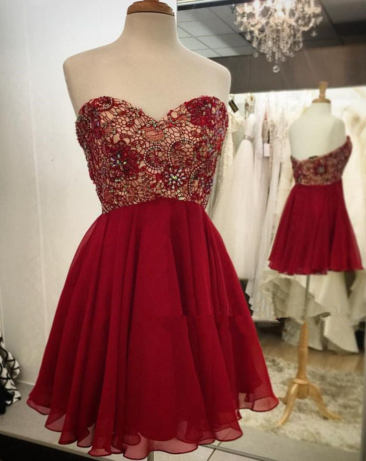 Backless Lace Lexi Chiffon A Line Homecoming Dresses Strapless Sweetheart Red Pleated Beading