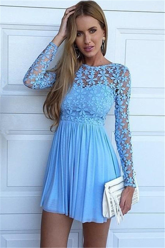 Jewel Long Sleeve Blue Makenzie Chiffon A Line Lace Homecoming Dresses Hollow Flowers Pleated